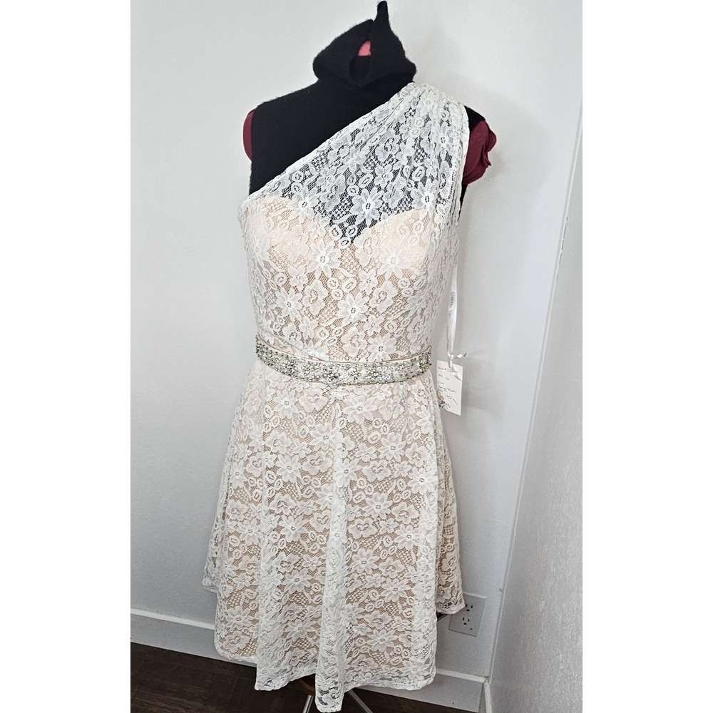 Christina Wu Dress Sz 10 Ivory Blush Lace One Shoulder Rhinestone NWT